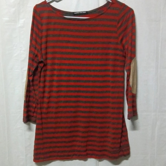 Happening in the Present Striped Tunic Top Rust Gray Elbow Patch Boat Neck Sz M - Picture 1 of 4